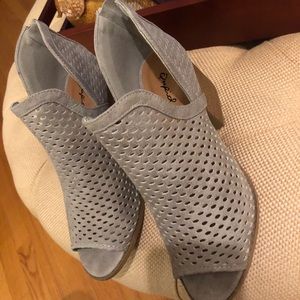 Grey suede perforated peep toe booties
